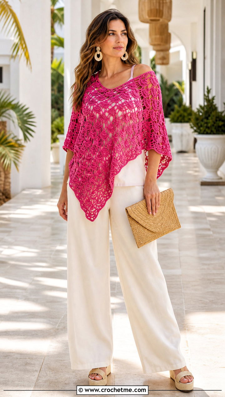 Shell Stitch Crochet Summer Poncho With Palazzo Pants - 35 crochet summer poncho outfit ideas