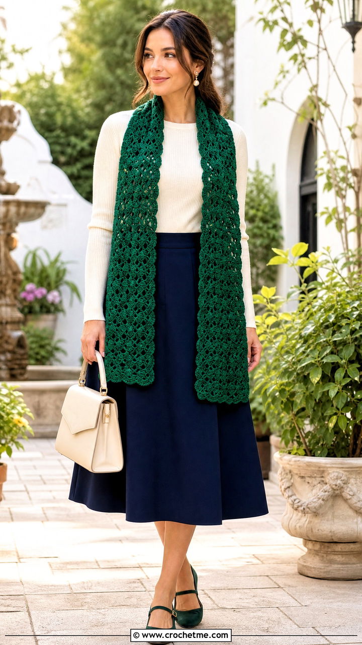 Shell Stitch Crochet Sweater Scarf With A Line Skirt - 35 crochet sweater scarf outfit ideas
