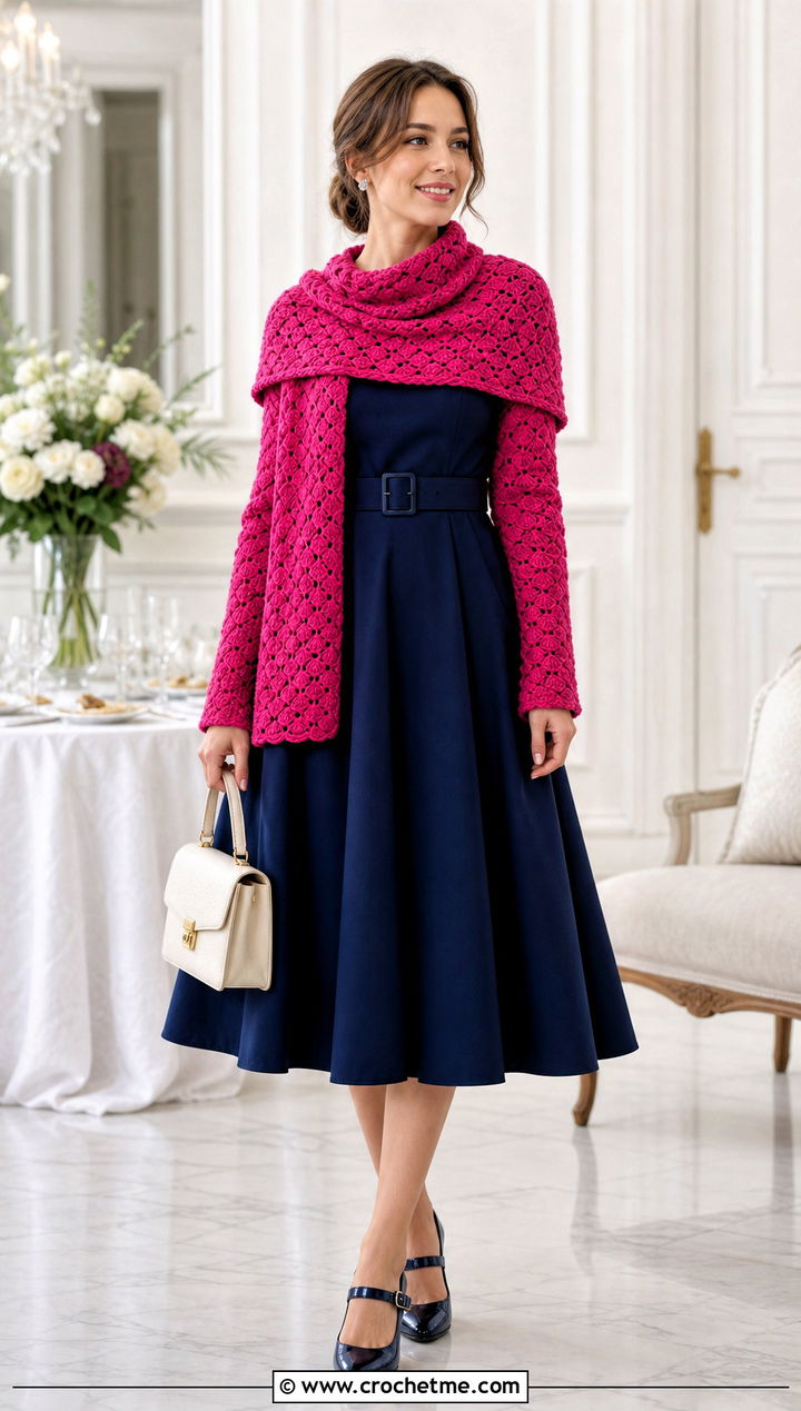 Shell Stitch Crochet Sweater Scarf With Sleeves And A Line Dress - 25 crochet sweater scarf with sleeves outfit ideas