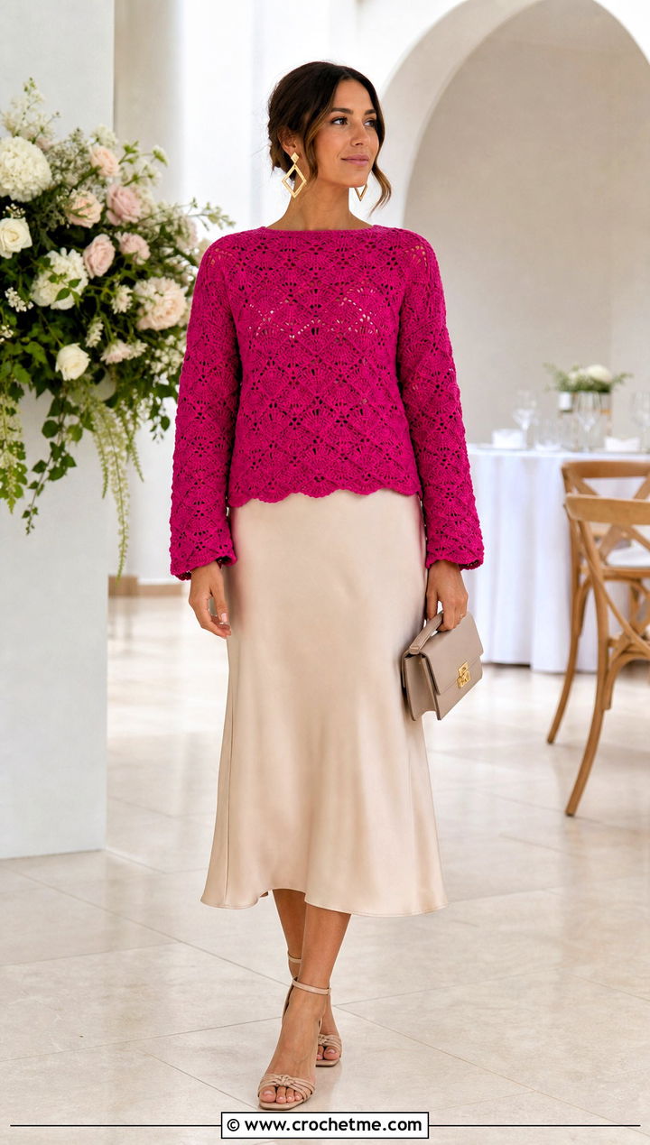 Shell Stitch Crochet Sweater With Bias Cut Skirt - 35 crocheted sweaters outfit ideas