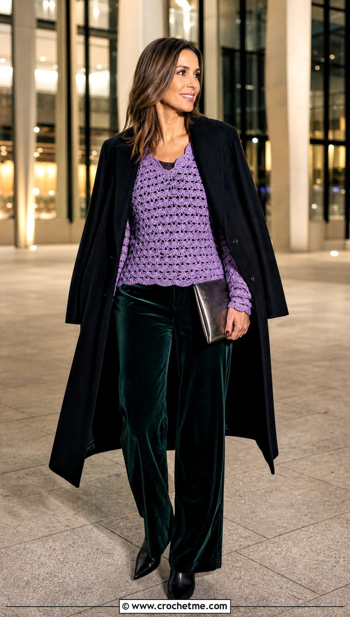 Shell Stitch Crochet Sweater With Velvet Pants - 30 winter crochet sweater outfit ideas