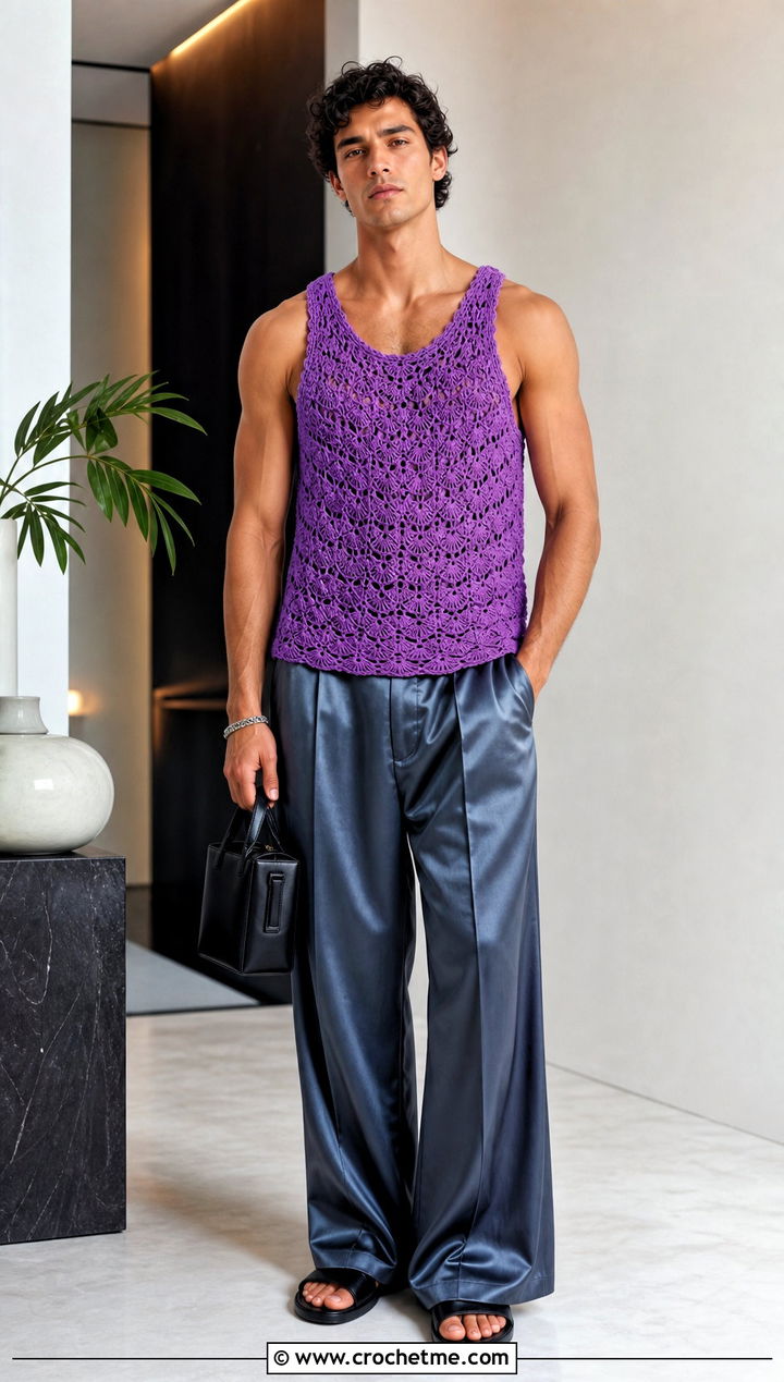 Shell Stitch Crochet Tank Top With Satin Pants - 25 crochet mens tank top outfit ideas