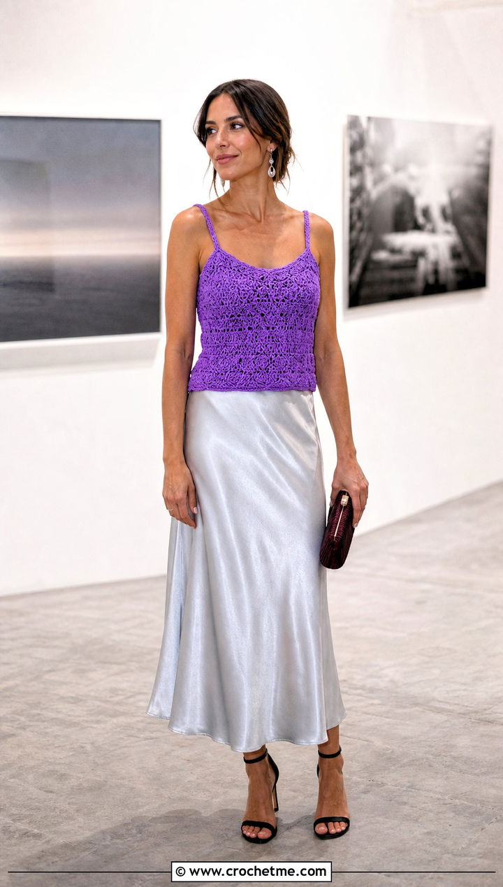 Shell Stitch Crochet Tank Top With Satin Skirt - 15 diy crochet tank top outfit ideas