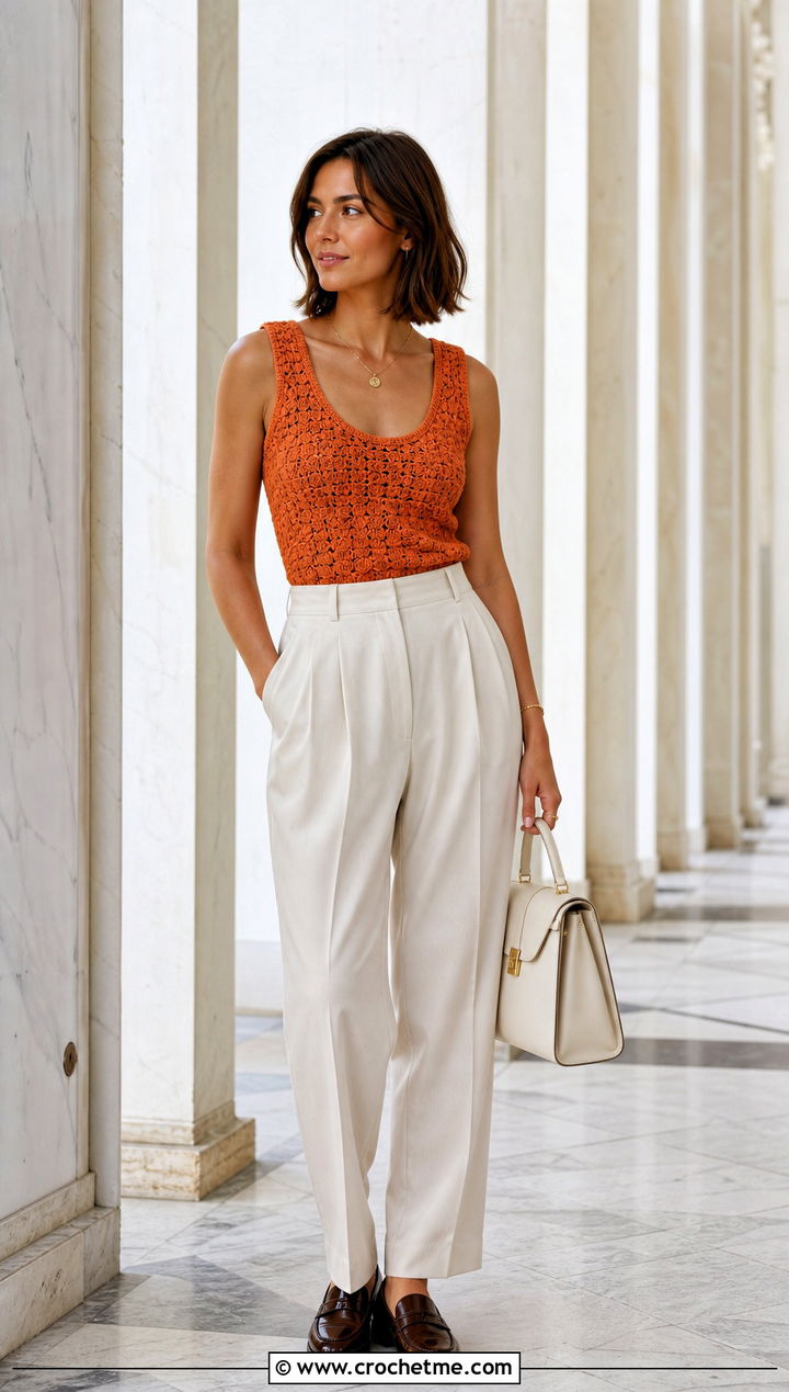 Shell Stitch Crochet Tank With Tailored Trousers - 15 vintage crochet top design outfit ideas