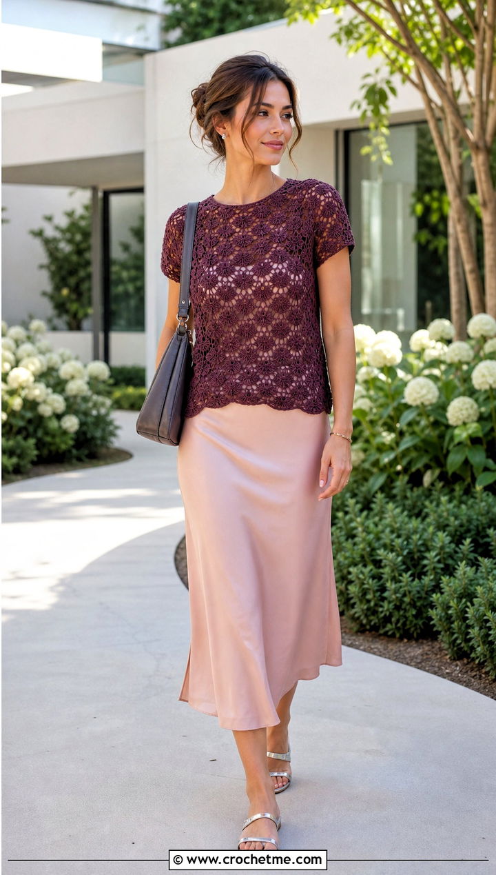 Shell Stitch Crochet Tee With Bias Cut Midi Skirt - 25 Boho Crochet Summer Tops outfit ideas