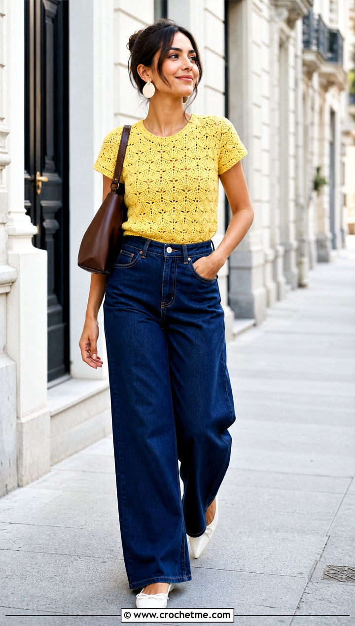 Shell Stitch Crochet Tee With Wide Leg Jeans - 15 intermediate crochet tee outfit ideas