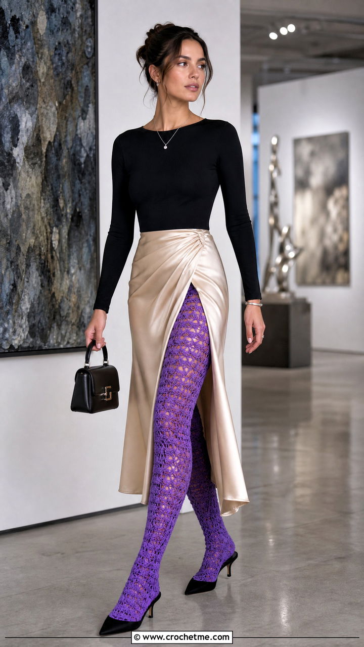 Shell Stitch Crochet Thigh High Socks With Satin Midi Skirt - 35 crochet thigh high socks outfit ideas