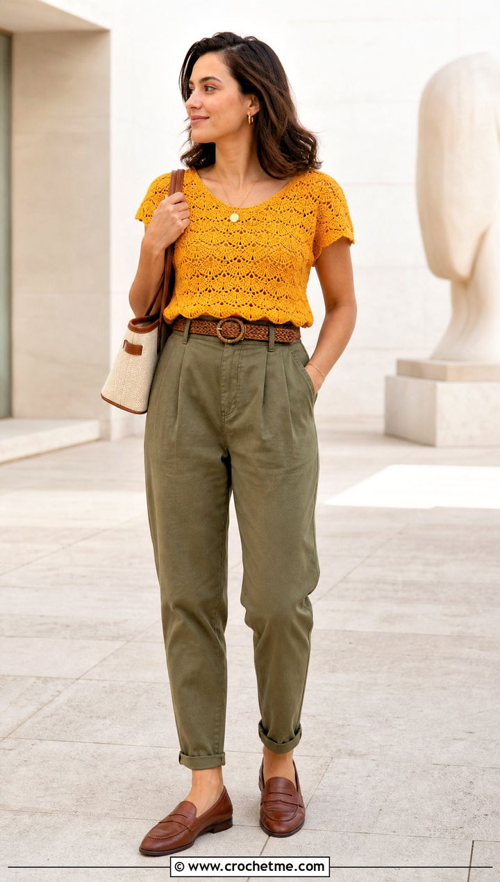 Shell Stitch Crochet Top With Chino Pants - 35 cute crochet tops ideas