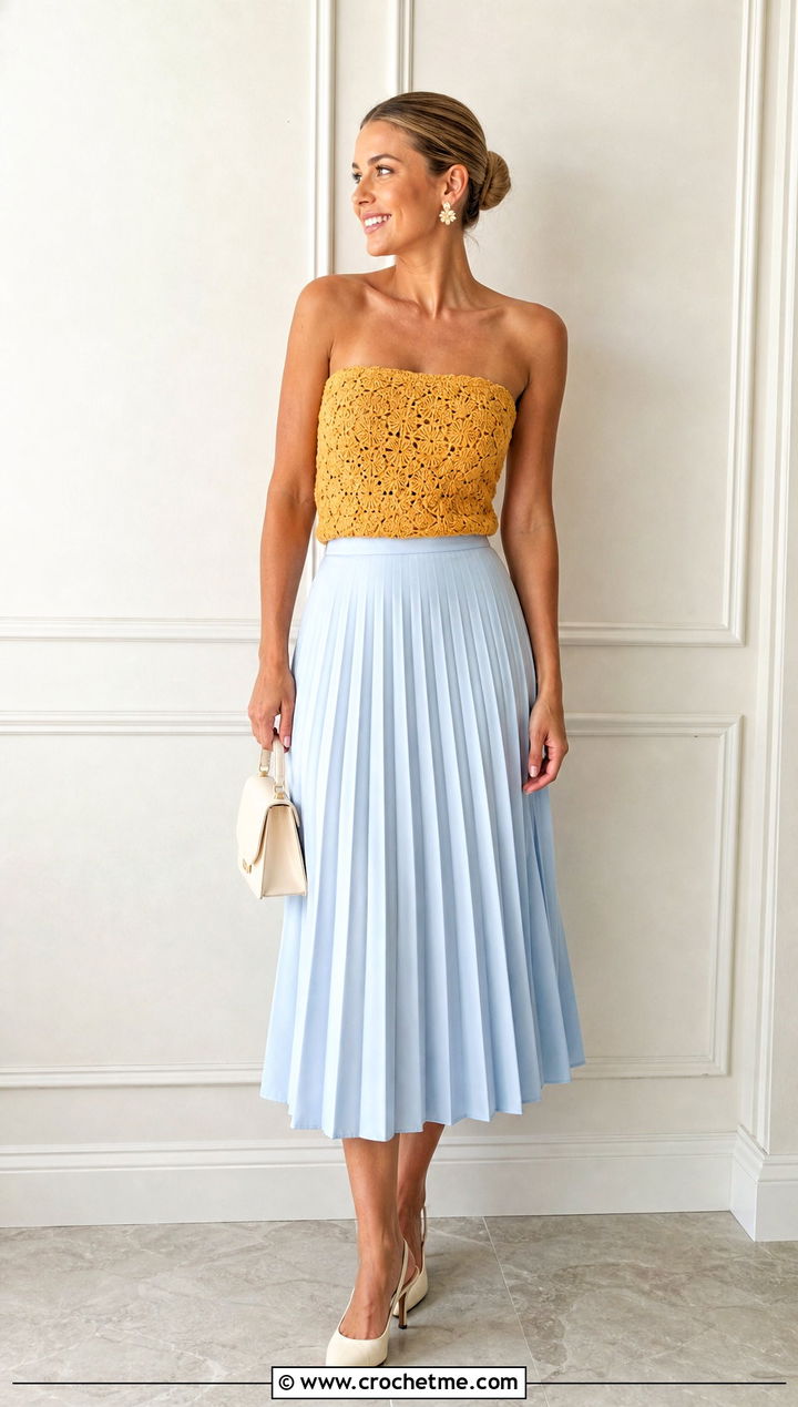 Shell Stitch Crochet Top With Pleated Midi Skirt - 35 strapless crochet top outfit ideas