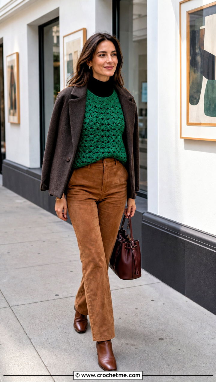 Shell Stitch Crochet Top With Suede Pants - 25 Crochet Tops For Fall outfit ideas