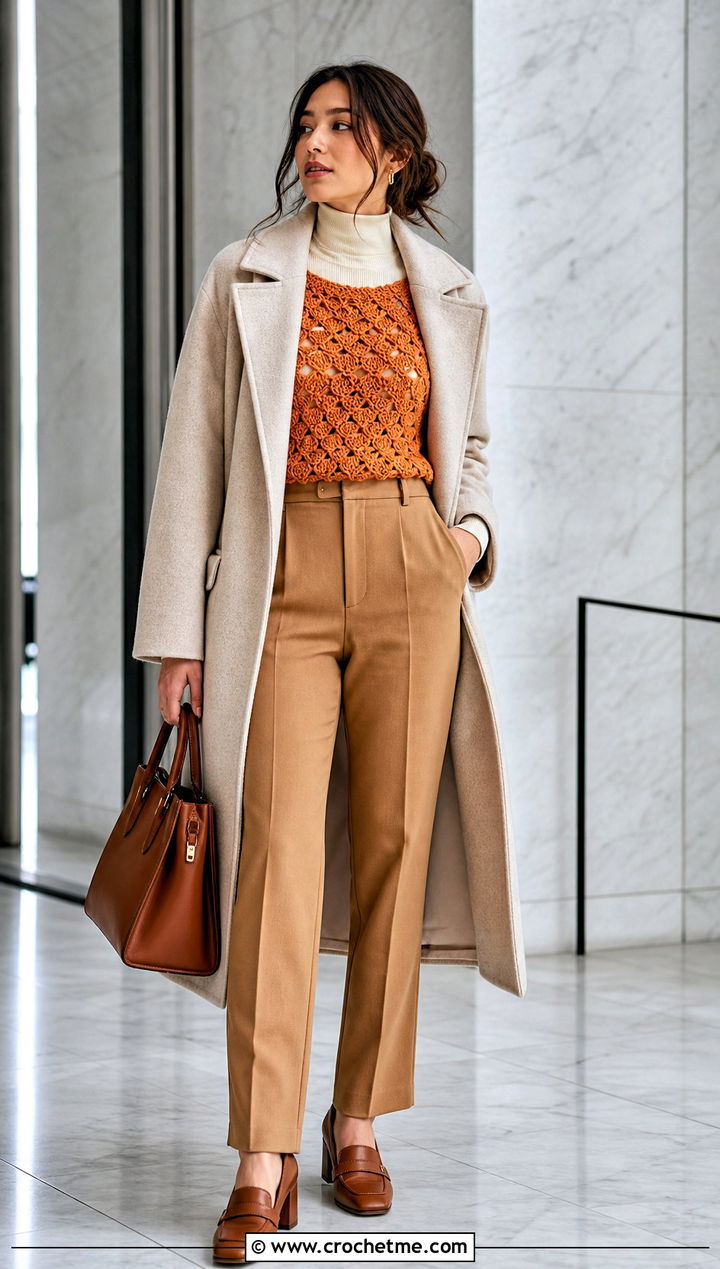 Shell Stitch Crochet Top With Tailored Pants - 35 winter crochet top outfit ideas