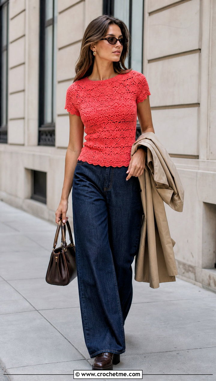 Shell Stitch Crochet Top With Wide Leg Jeans - 35 Fitted Crochet Top outfit ideas
