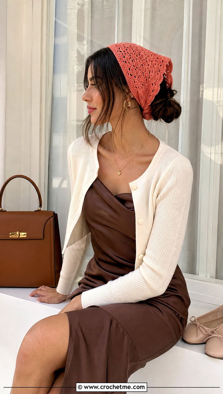 Shell Stitch Crochet Triangle Hair Scarf With Slip Dress And Cardigan - 25 crochet triangle hair scarf outfit ideas