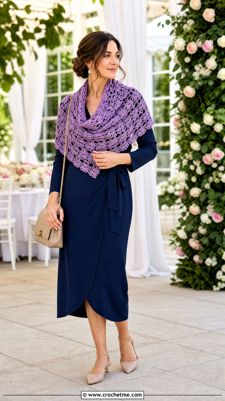 Shell Stitch Crochet Triangle Scarf With Wrap Dress And Flats - 35 crochet triangle scarf outfit ideas