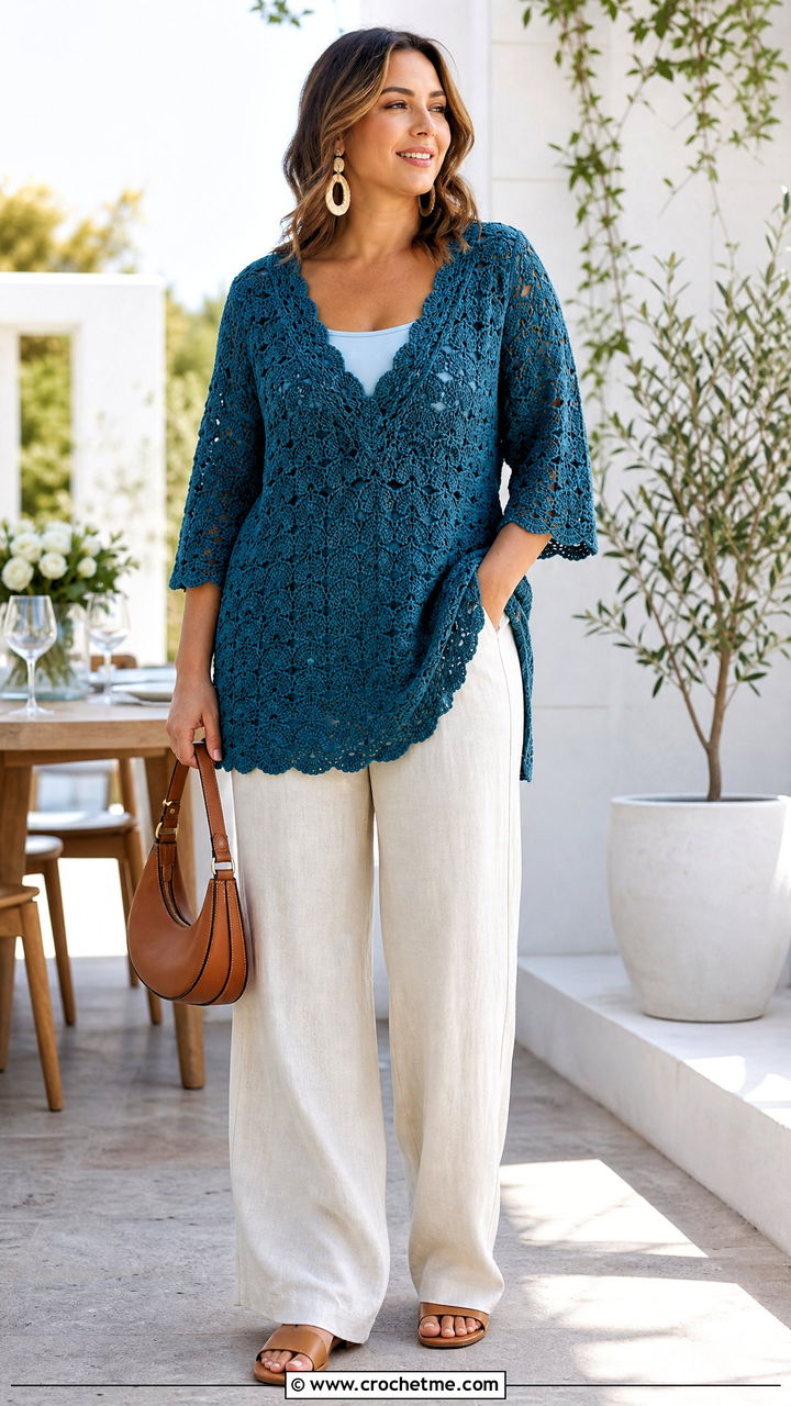 Shell Stitch Crochet Tunic With Linen Trousers - 35 crochet tunic outfit ideas