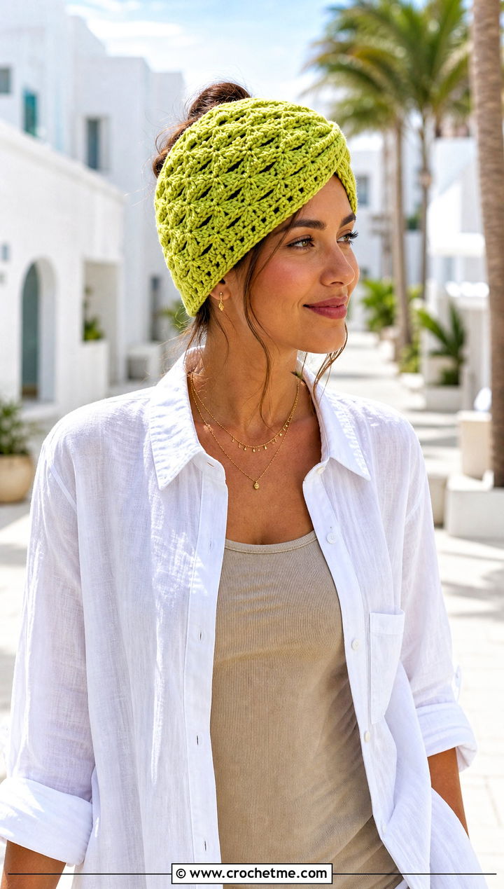 Shell Stitch Crochet Turban Hat With Linen Shirt And Shorts - 35 crochet turban hat outfit ideas