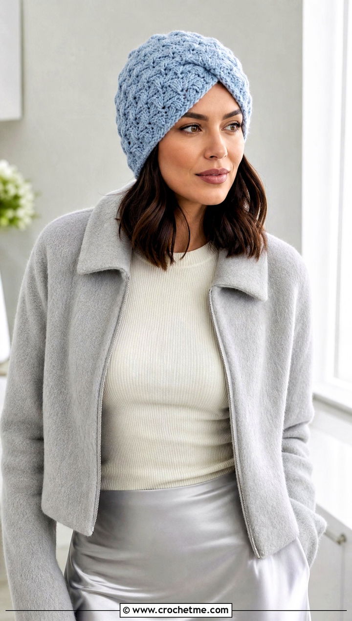Shell Stitch Crochet Turban Hat With Satin Skirt - 15 crochet turban style hat outfit ideas