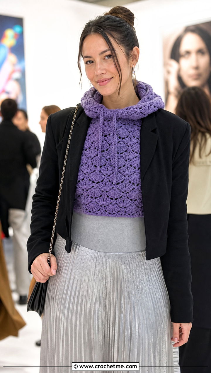 Shell Stitch Crochet Turtle Neck Hoodie With Pleated Skirt - 30 crochet turtle neck hoodie outfit ideas