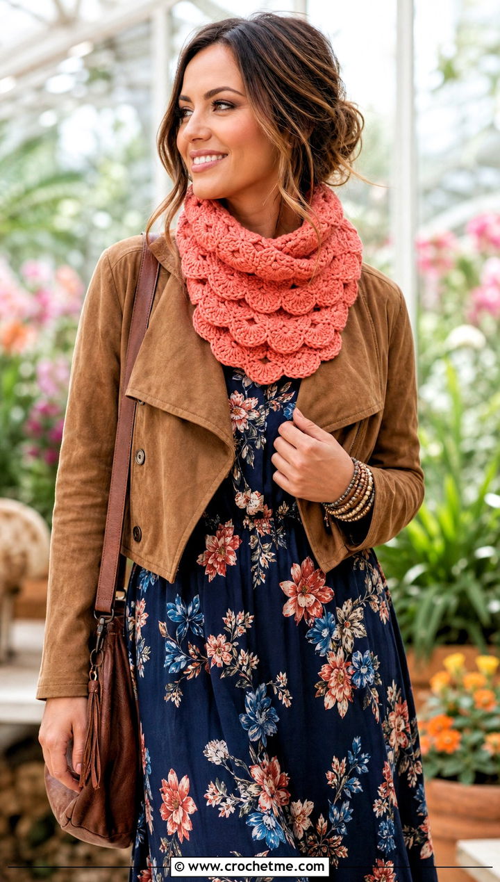 Shell Stitch Crochet Turtleneck Cowl With Floral Maxi Dress - 25 Crochet Turtleneck Cowl outfit ideas