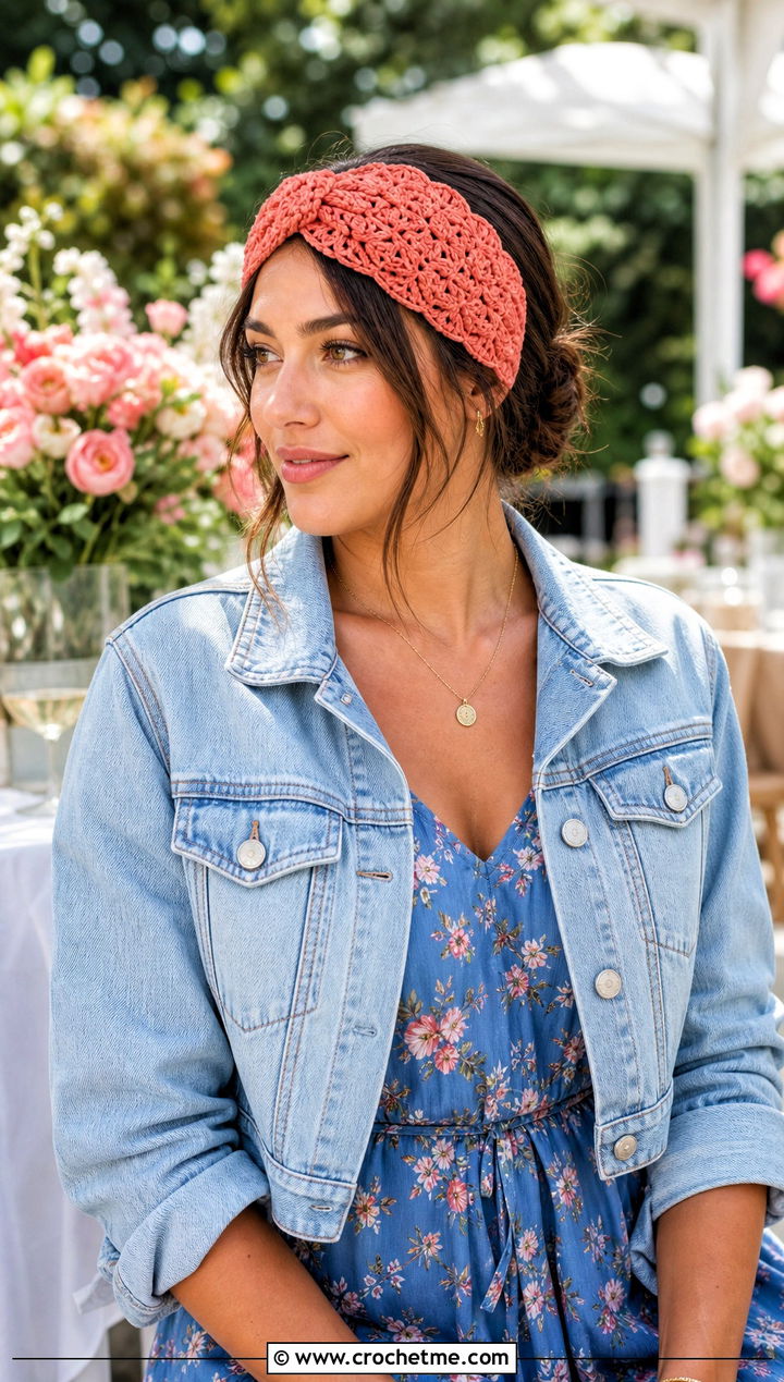 Shell Stitch Crochet Twist Headband With Floral Midi Dress - 30 crochet twist headband outfit ideas