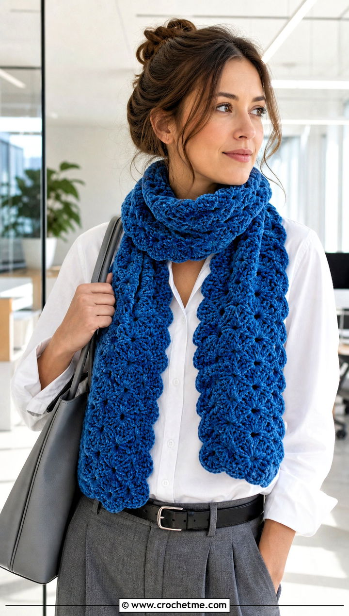 Shell Stitch Crochet Velvet Scarf With Pleated Trousers - 25 Crochet Velvet Scarf outfit ideas