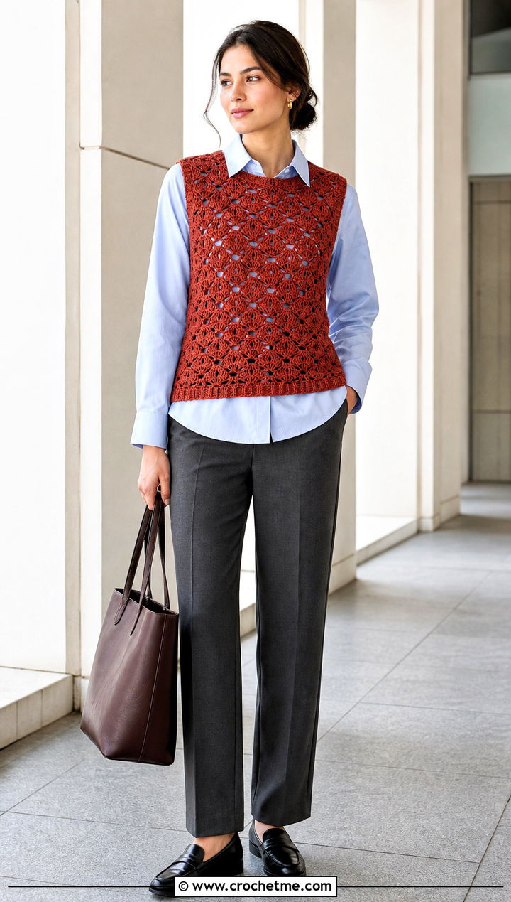 Shell Stitch Crochet Vest Top With Poplin Shirt - 35 crochet seashell top outfit ideas