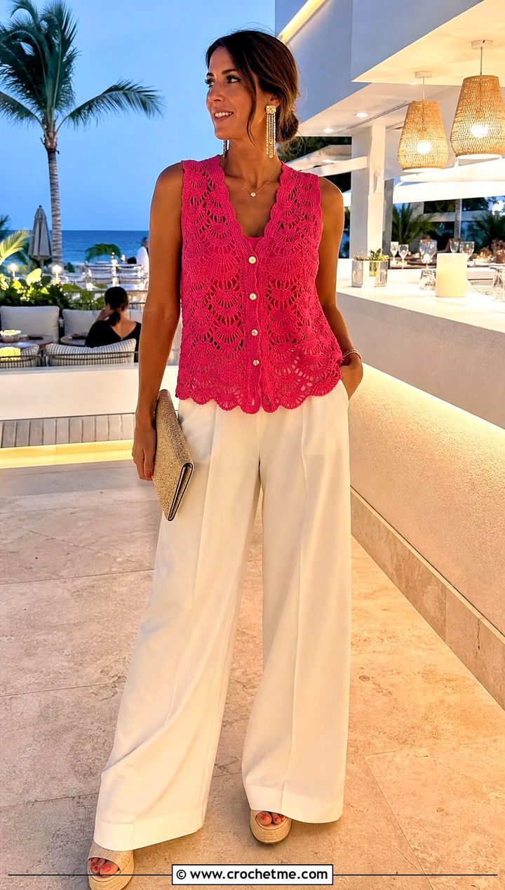 Shell Stitch Crochet Vest With Palazzo Pants - 35 diy crochet vest outfit ideas