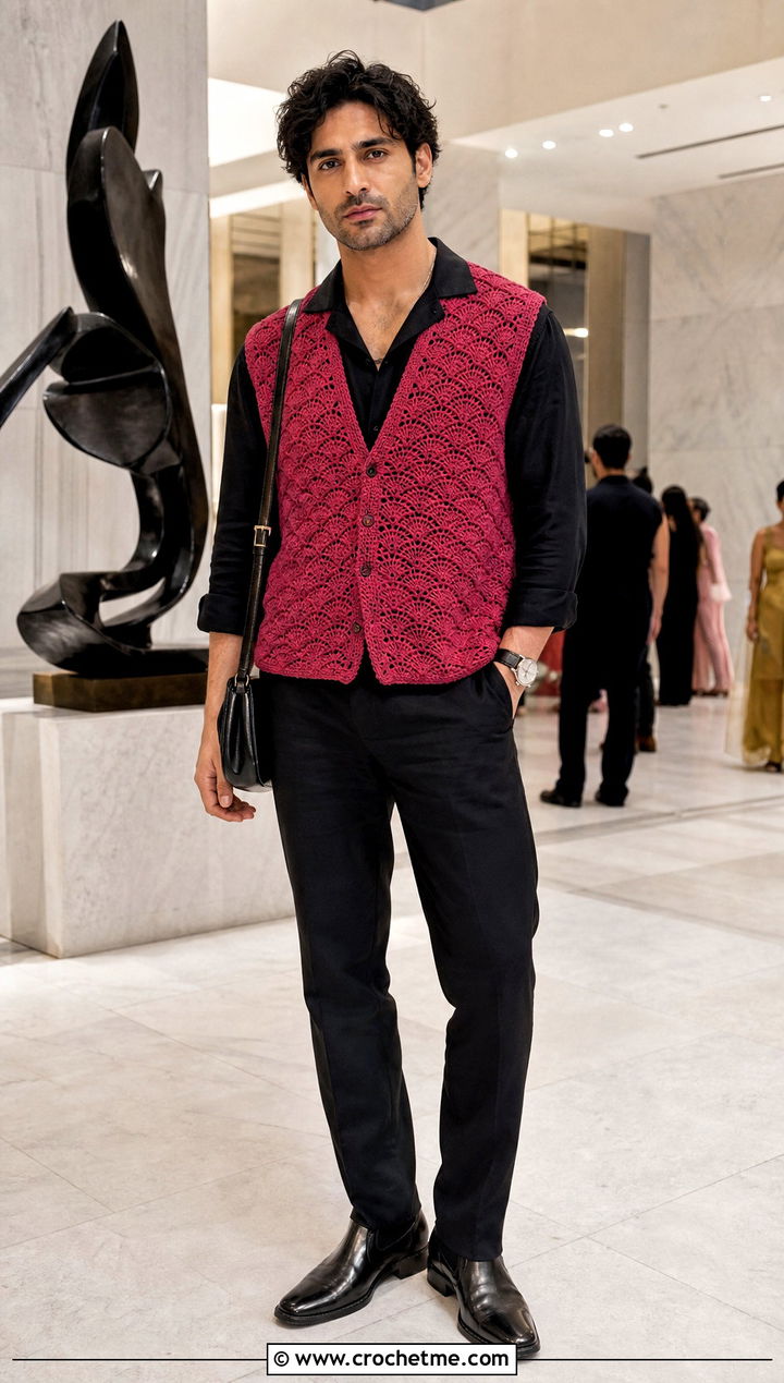 Shell Stitch Crochet Vest With Silk Shirt And Black Trousers - 30 mens crochet vest outfit ideas