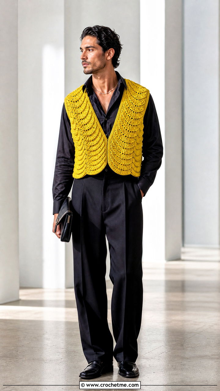 Shell Stitch Crochet Vest With Silk Shirt And Wide Trousers - 35 crochet vest for men outfit ideas