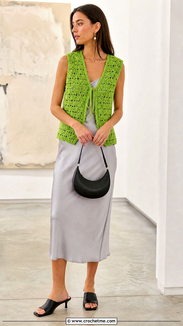 Shell Stitch Crochet Vest With a Slip Dress - 35 boho crochet vest outfit ideas
