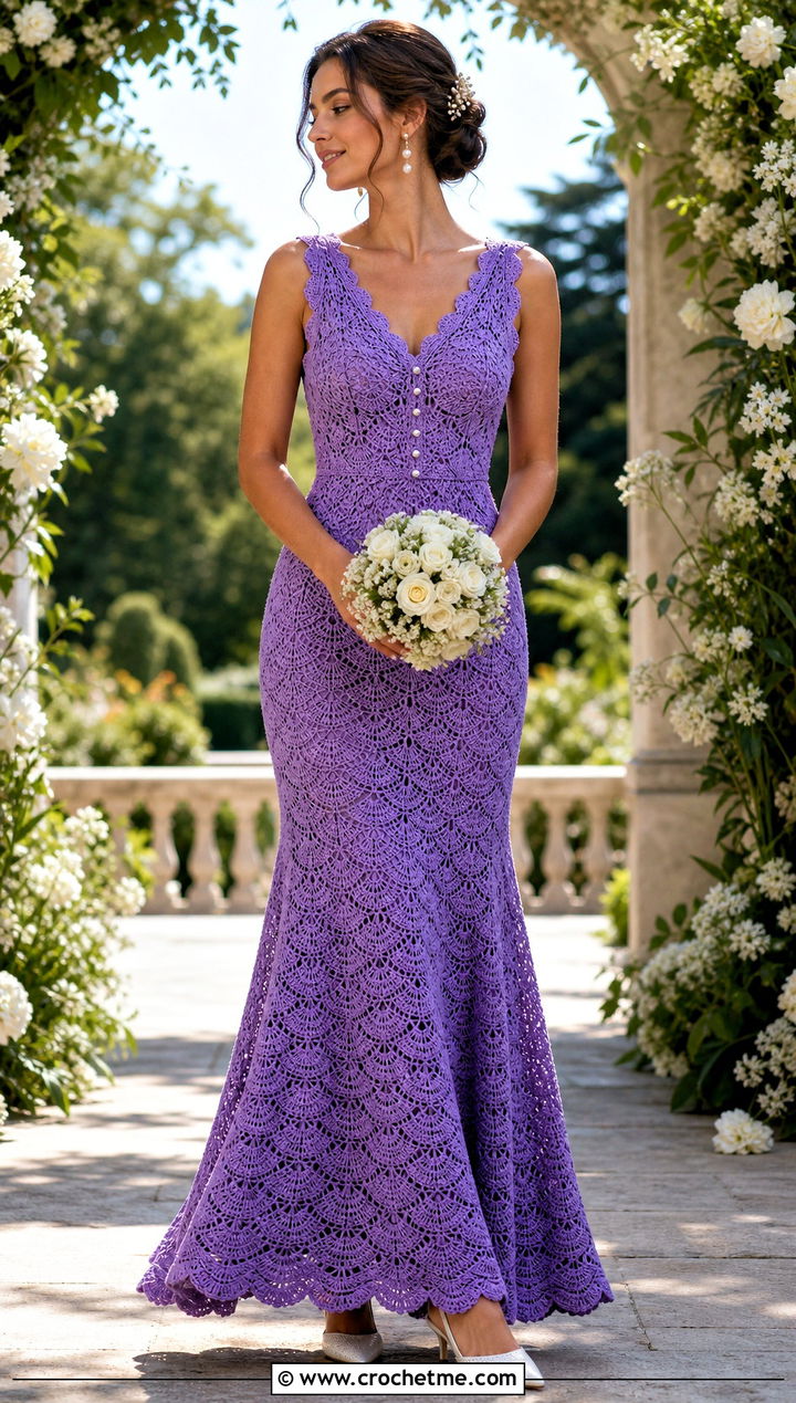 Shell Stitch Crochet Wedding Dress With Pearl Accessories - 15 crochet wedding dress inspiration outfit ideas