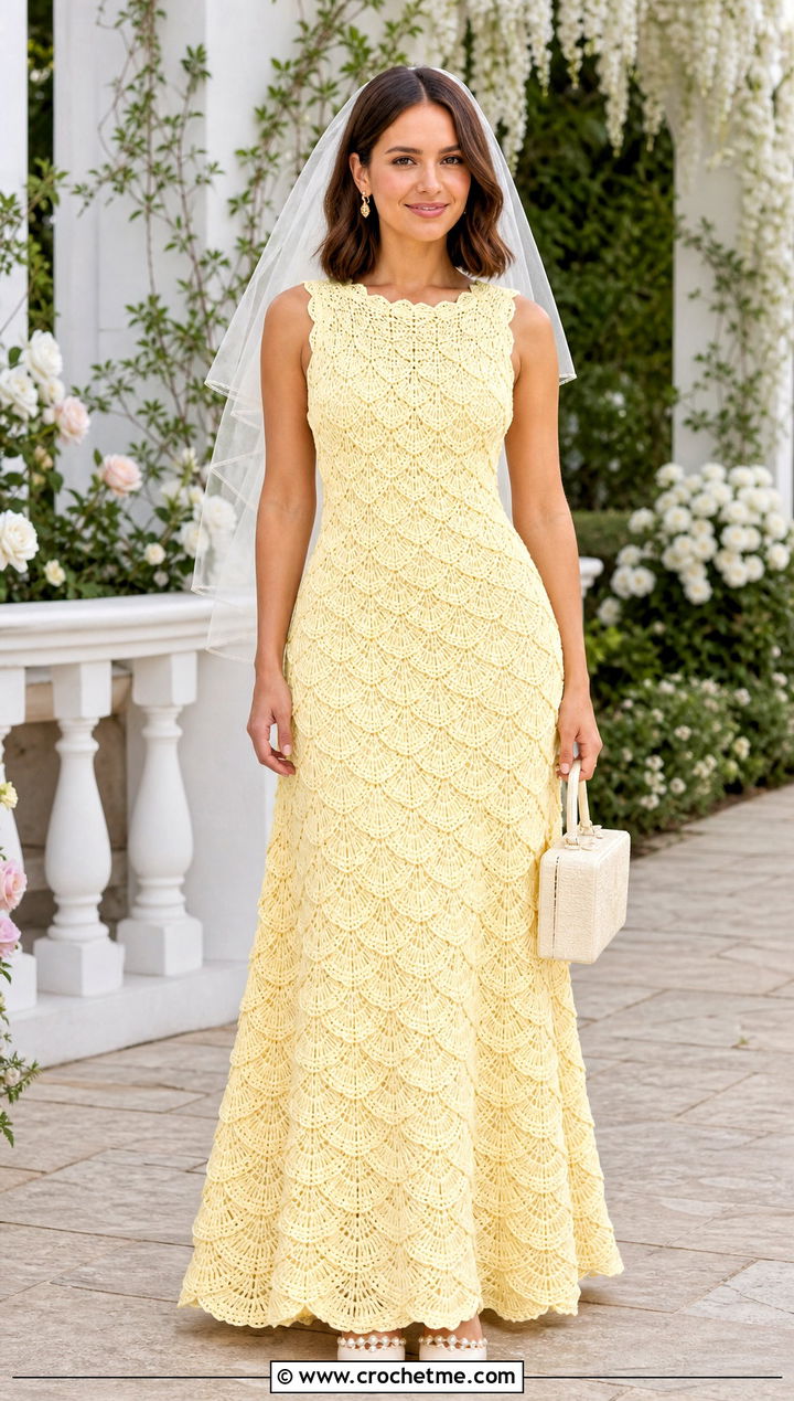 Shell Stitch Crochet Wedding Gown With Pearl Slingbacks - 30 crochet wedding dress gowns outfit ideas