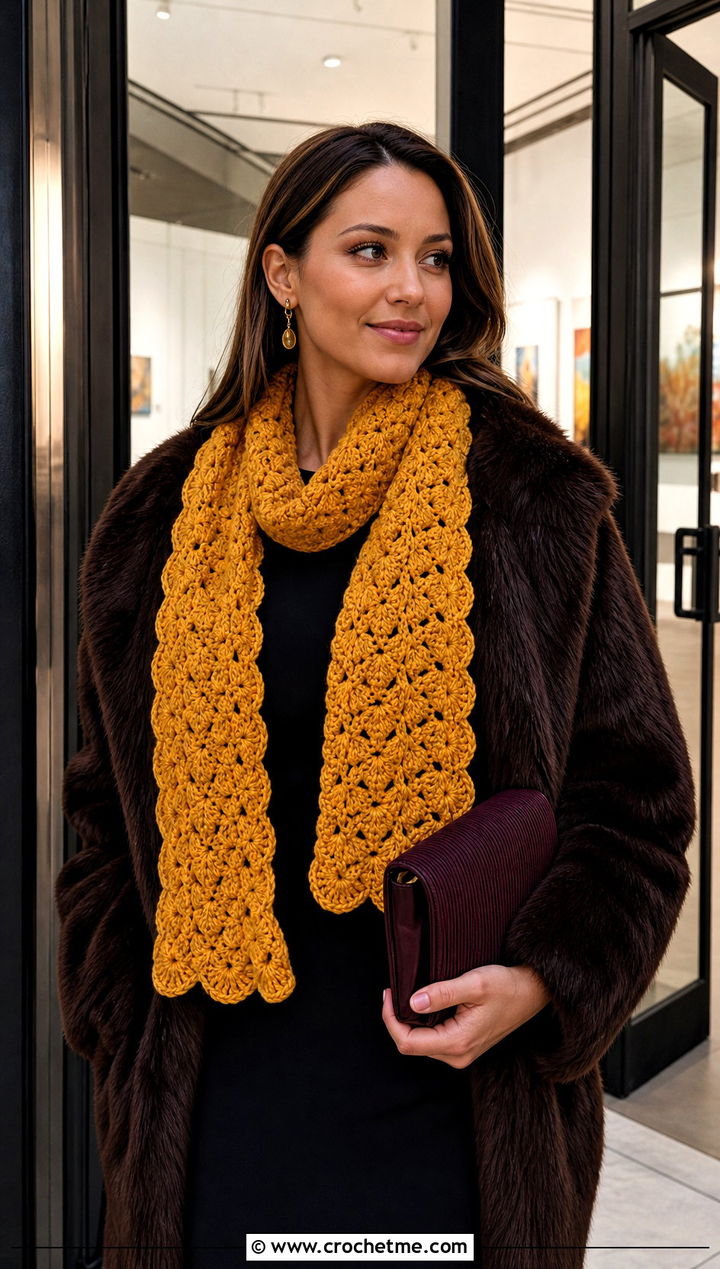 Shell Stitch Crochet Winter Scarf With Faux Fur Coat - 35 crochet winter scarf outfit ideas