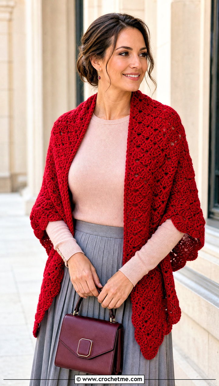 Shell Stitch Crochet Winter Shawl With Pleated Midi Skirt - 15 Crochet Winter Shawl outfit ideas