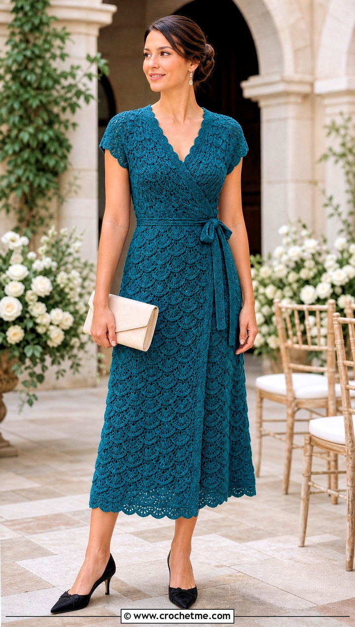 Shell Stitch Crochet Wrap Bridesmaid Dress With Kitten Heels - 30 Crochet Bridesmaid Dress outfit ideas