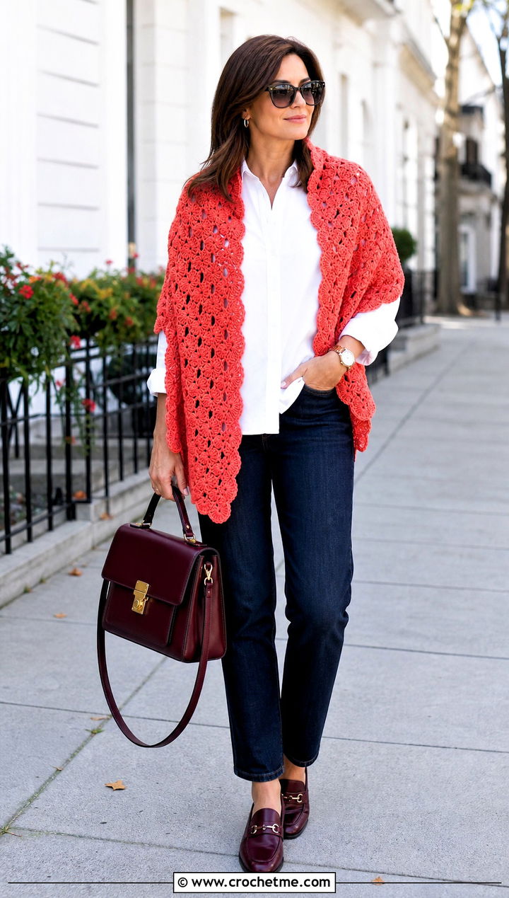 Shell Stitch Crochet Wrap Shawl With White Shirt - 35 crochet wrap shawl outfit ideas
