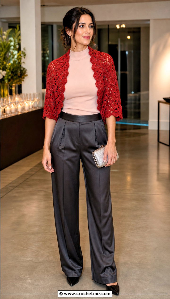 Shell Stitch Crochet Wrap Shrug With Satin Trousers - 35 Crochet Wrap Shrug outfit ideas