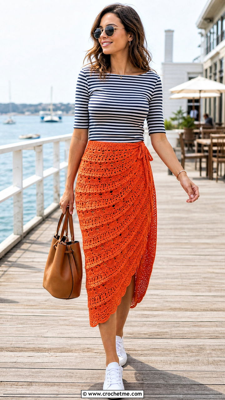 Shell Stitch Crochet Wrap Skirt With Breton Top - 35 crochet wrap skirt outfit ideas