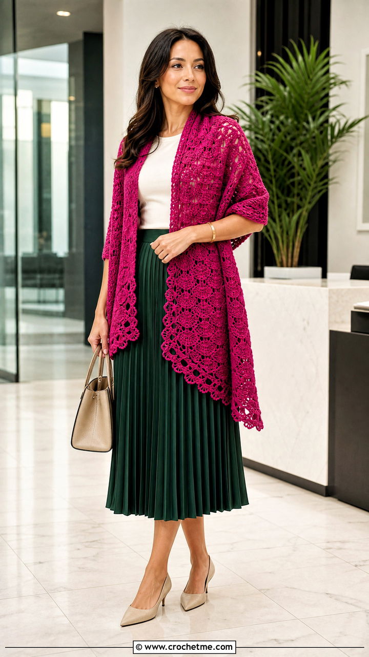 Shell Stitch Crochet Wrap With Pleated Midi Skirt - 35 crochet wrap outfit ideas