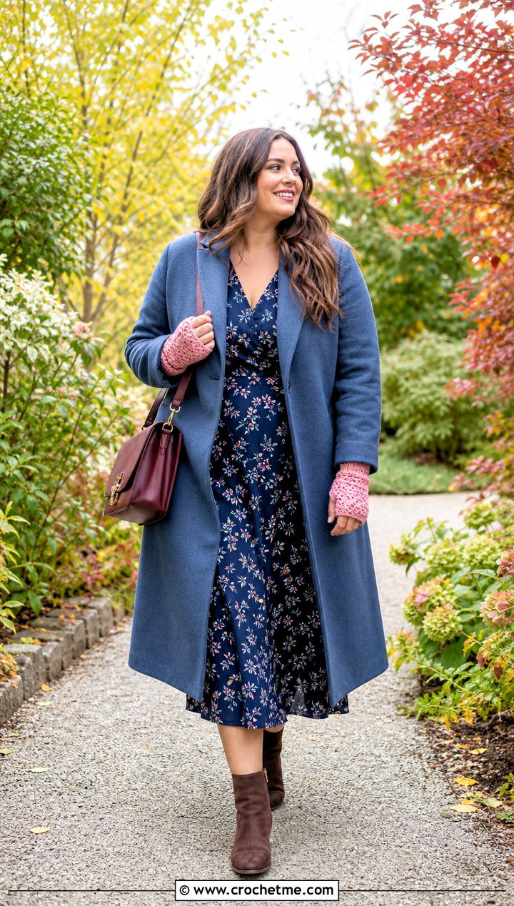 Shell Stitch Crochet Wrist Warmers With Floral Midi Dress - 35 crochet wrist warmers outfit ideas