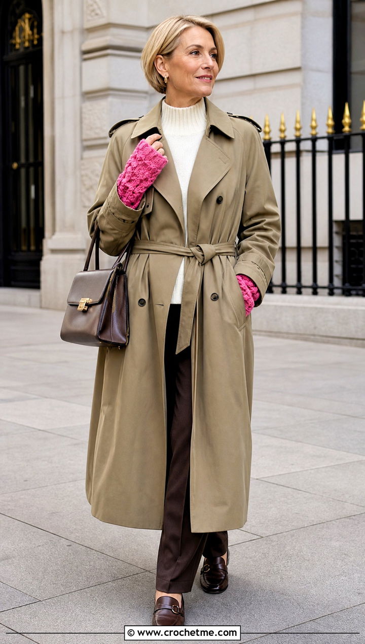 Shell Stitch Crochet Wrist Warmers With Trench Coat - 35 crochet hand warmer outfit ideas