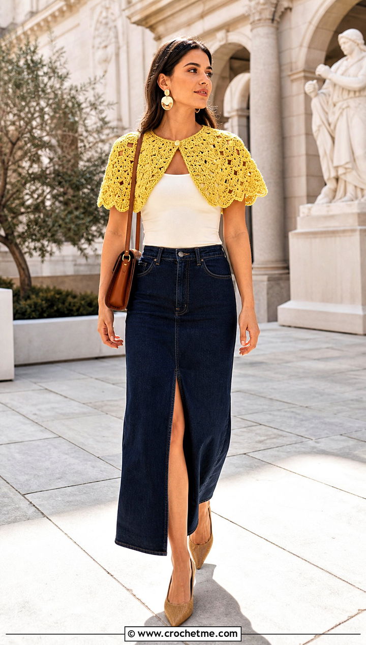 Shell Stitch Crocheted Capelet With Denim Midi Skirt - 25 Crocheted Capelet outfit ideas