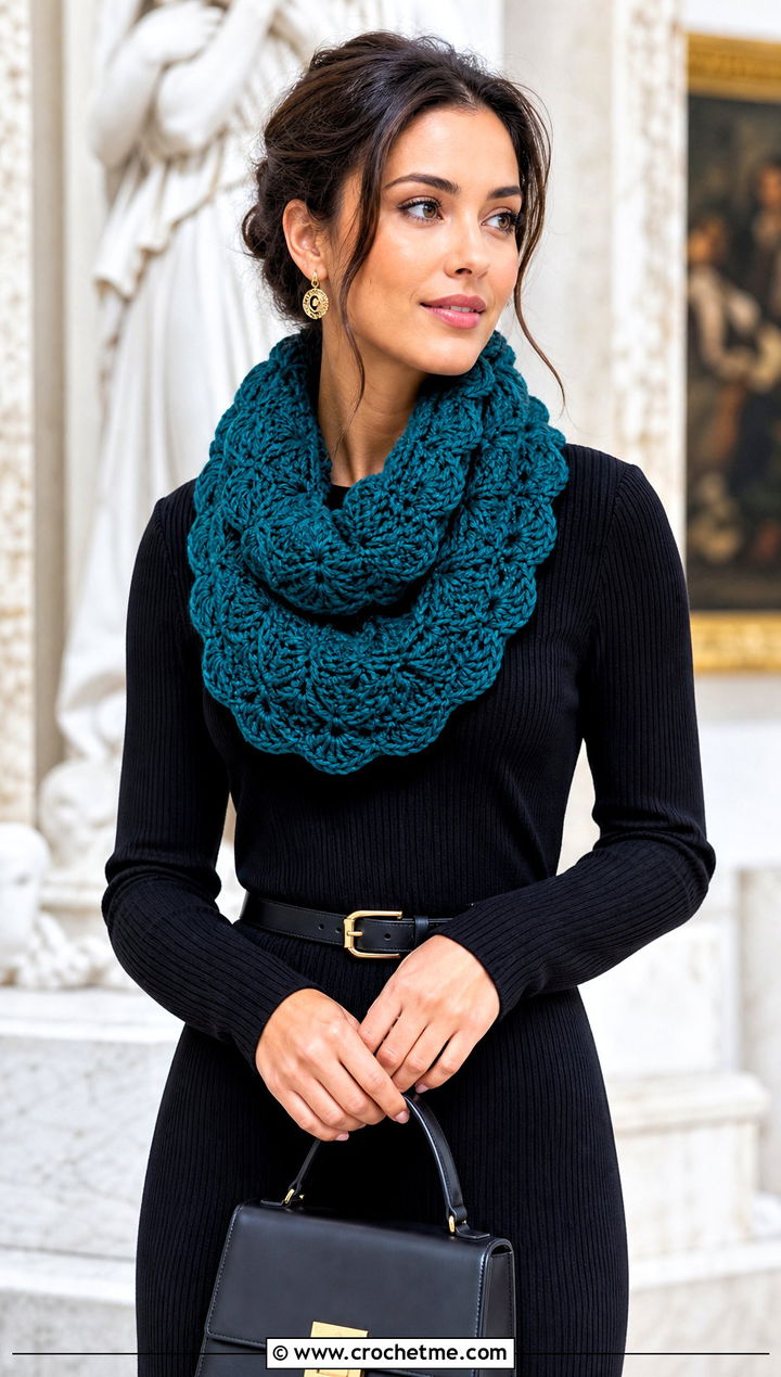 Shell Stitch Crocheted Infinity Scarf With Midi Dress and Ankle Boots - 15 Easy Crocheted Infinity Scarf outfit ideas