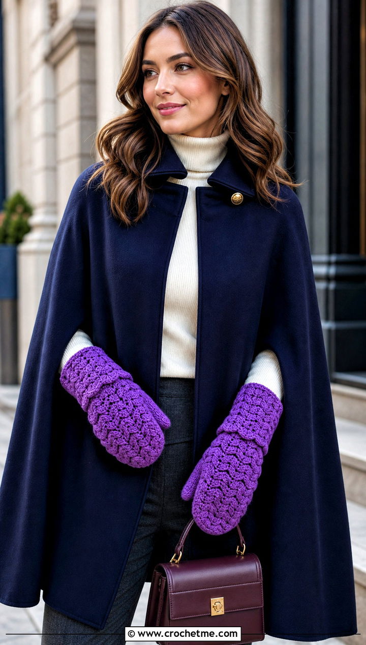 Shell Stitch Crocheted Mittens With Cape Coat - 30 Crocheted Mittens outfit ideas