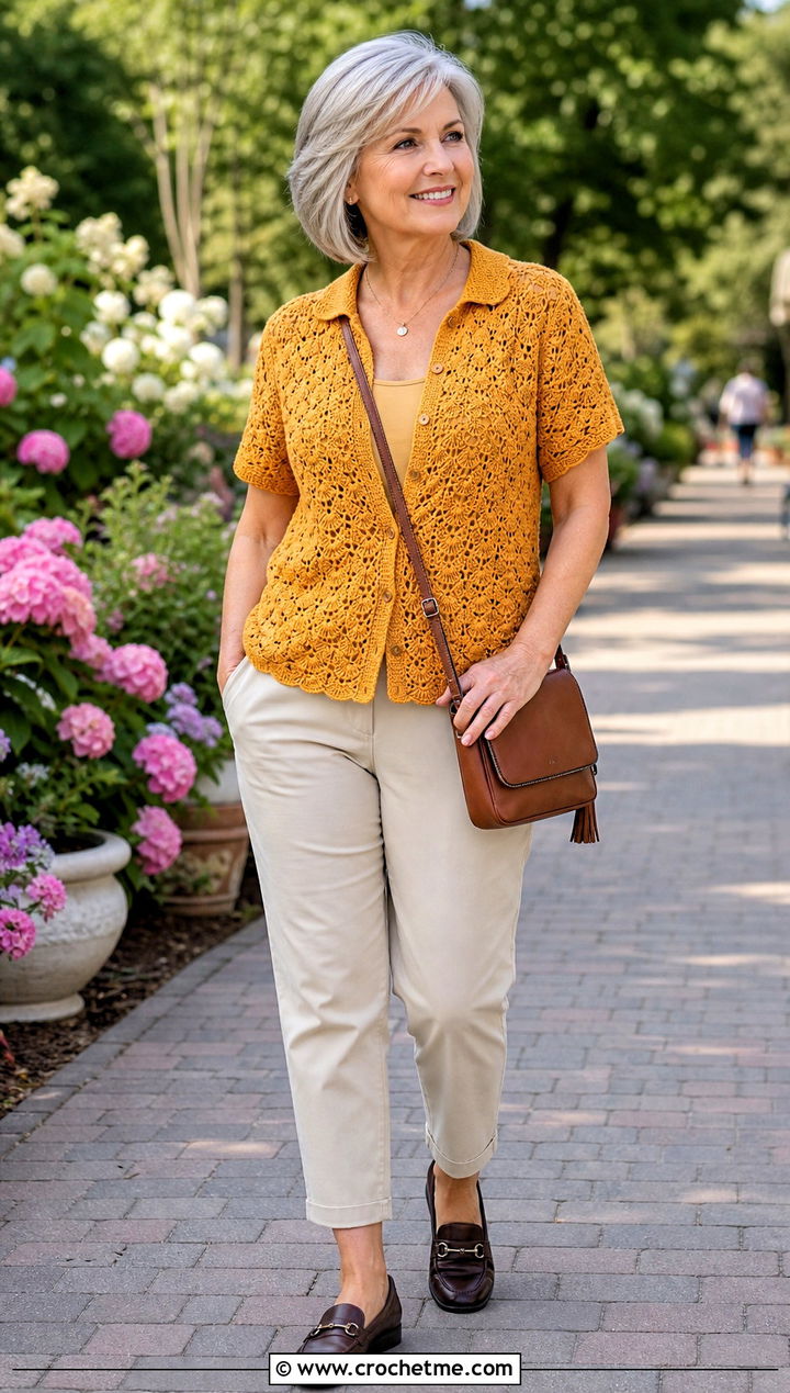 Shell Stitch Crocheted Shirt With Chino Pants - 35 Crocheted Shirt outfit ideas