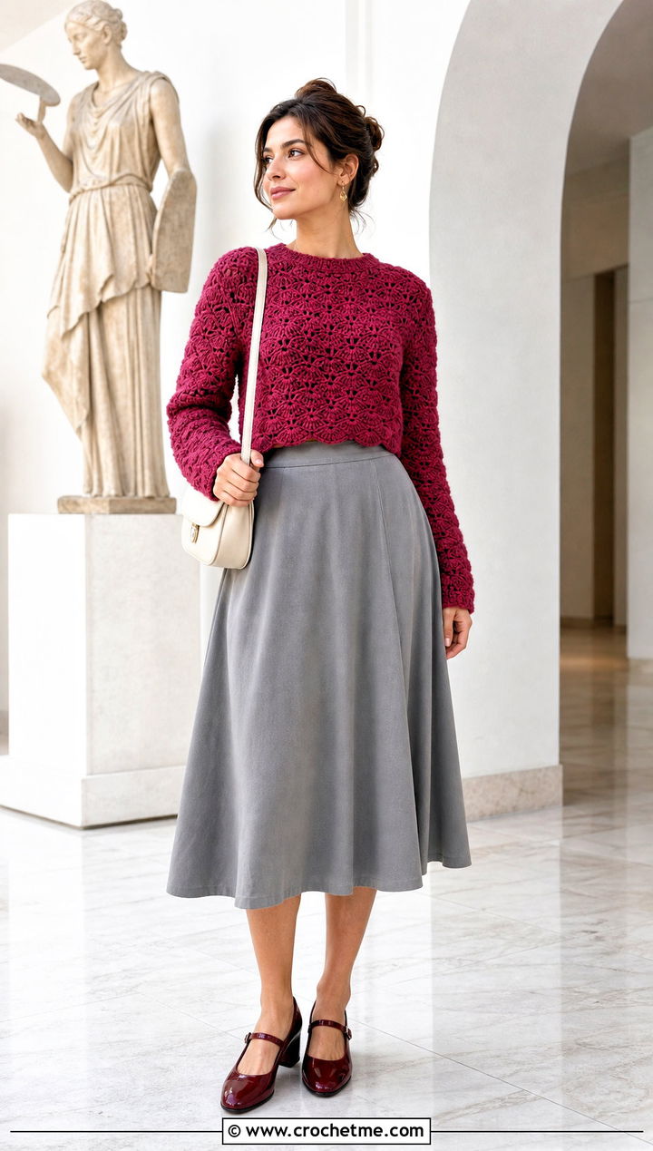 Shell Stitch Cropped Crochet Sweater With A Line Skirt - 35 cropped crochet sweater outfit ideas