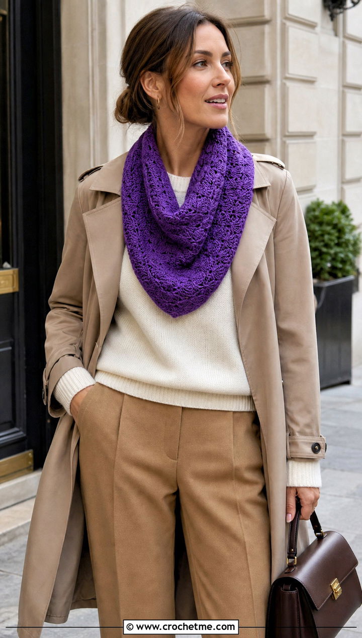 Shell Stitch Crossbody Crochet Cowl With Trench Coat And Loafers - 15 Crossbody Crochet Cowl outfit ideas