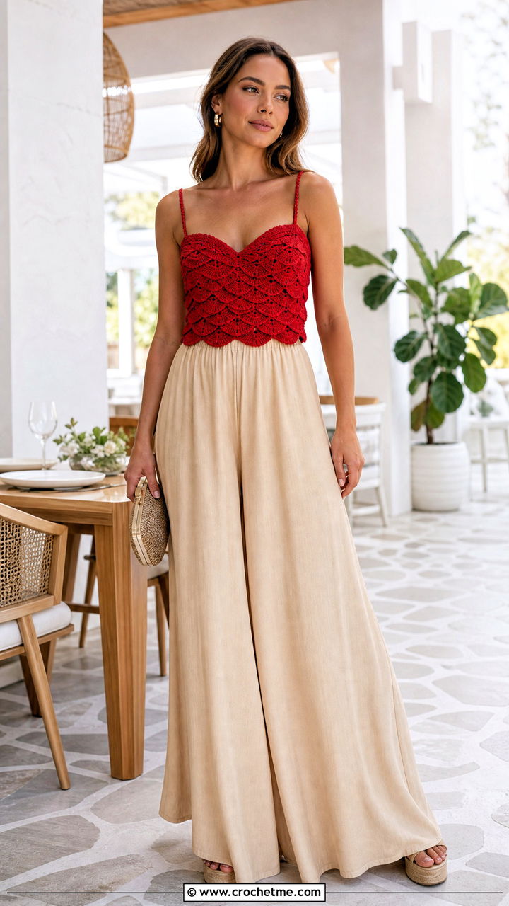 Shell Stitch Cup Crochet Top With Palazzo Pants - 35 crochet cup top outfit ideas