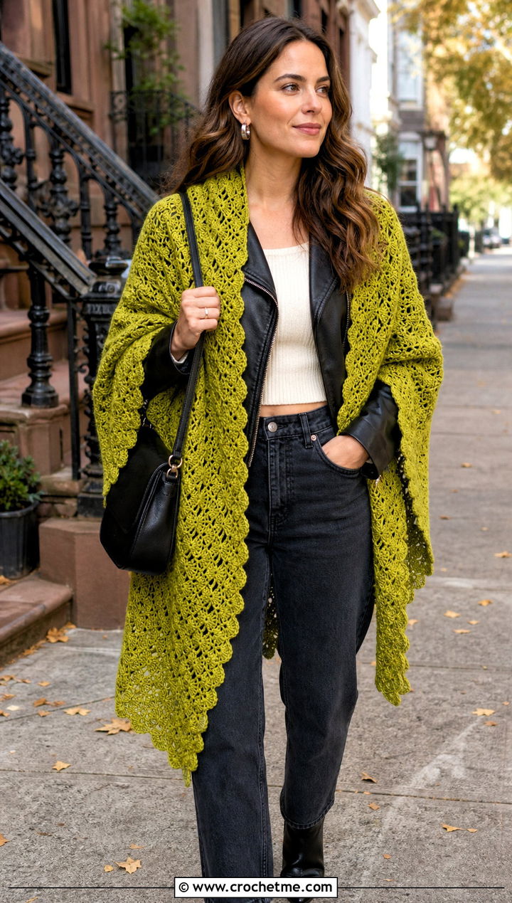 Shell Stitch DK Yarn Crochet Shawl With Leather Jacket - 25 Crochet Shawl Dk Yarn outfit ideas