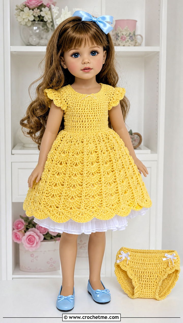 Shell Stitch Doll Dress And Panties With Ballet Flats - 15 crochet doll dress & panties outfit ideas